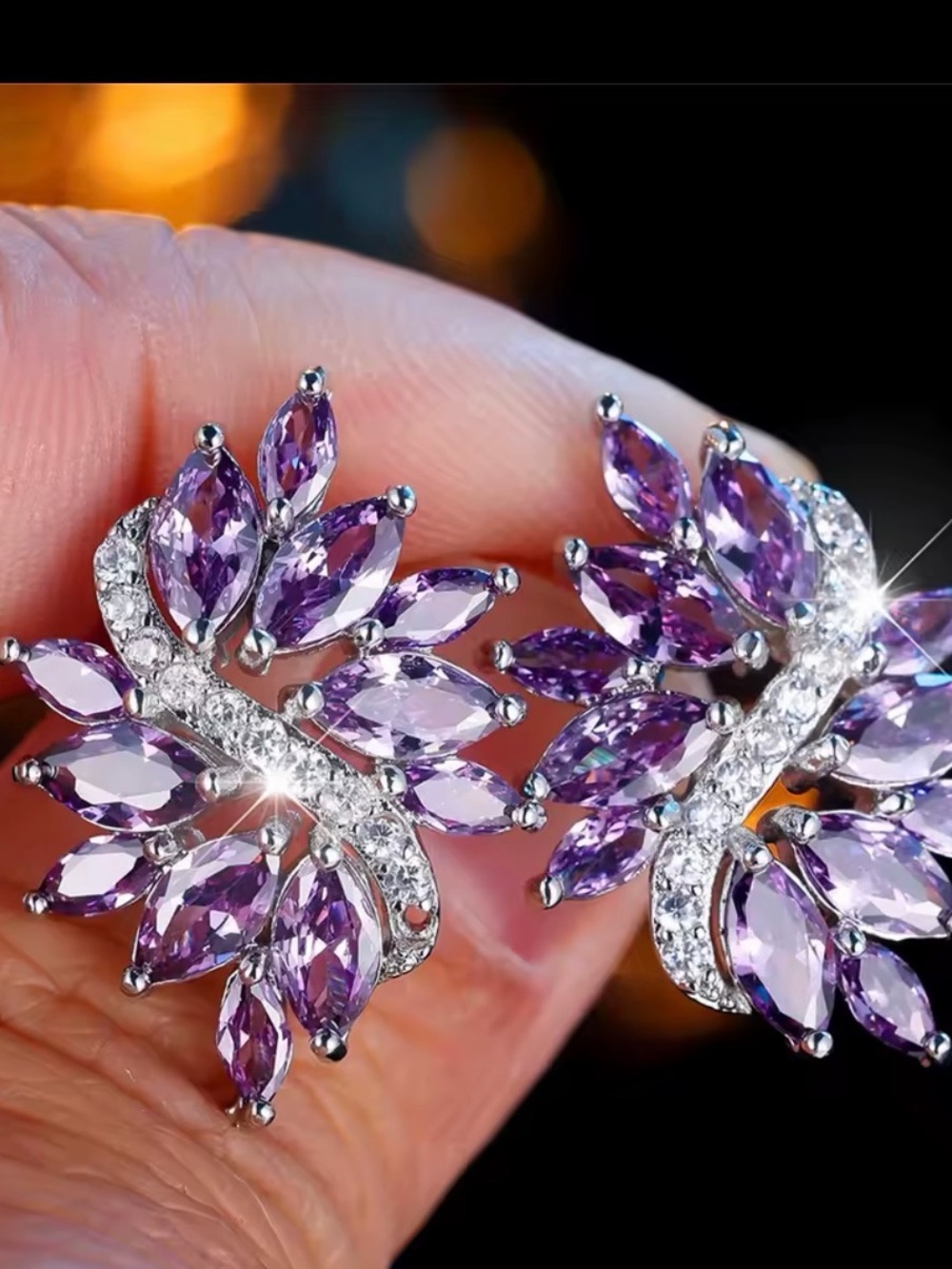 Purple Crystal Floral Stud Earrings - Women Jewelry - Picture 7 of 7